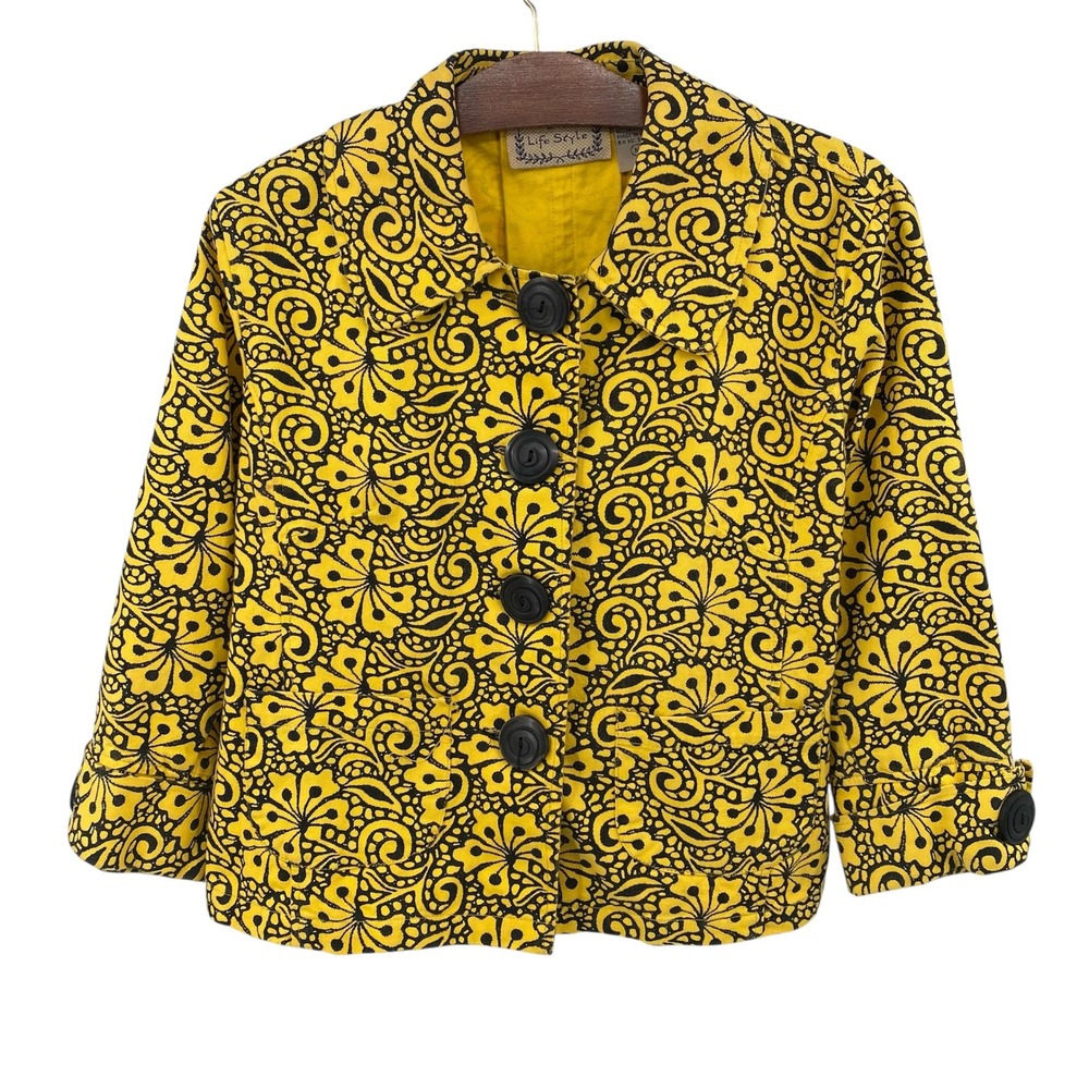Life Style Yellow Floral Print Button Up Jacket Size M Black‎ Accent Cotton